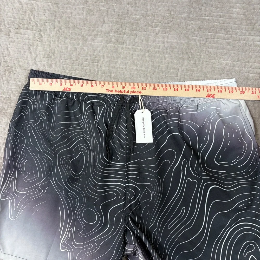 Ouku Mens Swim Trunks 3XL Black White Topographic Map Print Gradient Shorts NWT